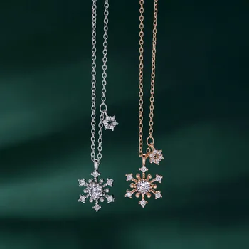 

100% 925 Sterling Silver Beautiful Snowflake Pendant Statement Cubic Zirconia Rose Gold Color Chain Necklaces Jewelry for Women