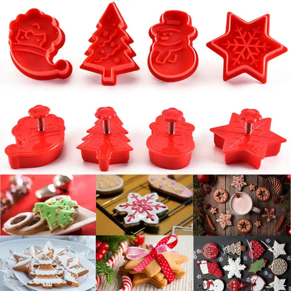 

4Pcs/Set Food Grade Plastic Christmas Mold Cookie Cutter Kitchen Baking Tools Plunger Stamp Die Fondant Cake Decorating Tools