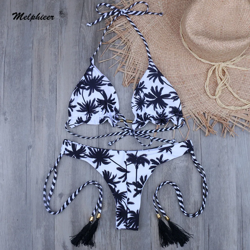 

Ladies Swimwear Fringed Beach Brazilian Bikini Set Palm Tree Halter Neck Tie Swimsuit Bathing Suit Biquini Maillot De Bain Print