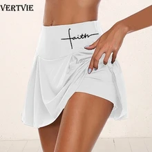 VERTVIE Frauen Sport Sportlich Umsäumte Yoga Shorts Brief Drucken Plissee Tennis Golf Rock Workout Anti-geleert 2 1 Biker shorts