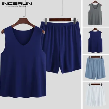

INCERUN Men Pajamas Sets Summer Solid Color Soft Sleepwear V Neck Sleeveless Tops Short Bottoms Comfortable Men Pyjamas Suits