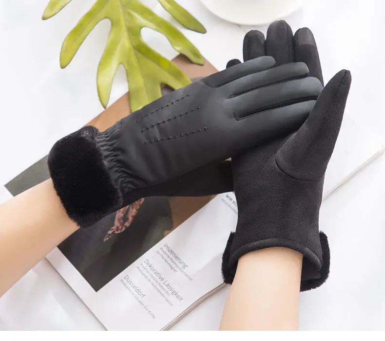Girls Suede Gloves Cotton Fleece Warm Velvet Mittens Rider Driving Mittens Girl Touch Screen Luva Feminina Lace Flower Gloves