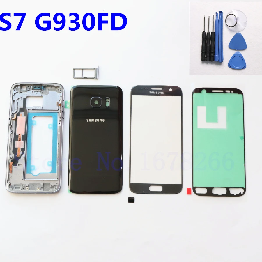SAMSUNG Galaxy S7 G930 G930F G930FD Задняя стеклянная крышка батареи задняя дверь полная задняя часть корпуса Крышка передняя стеклянная линза S7 средняя рамка - Цвет: S7 G930FD Black