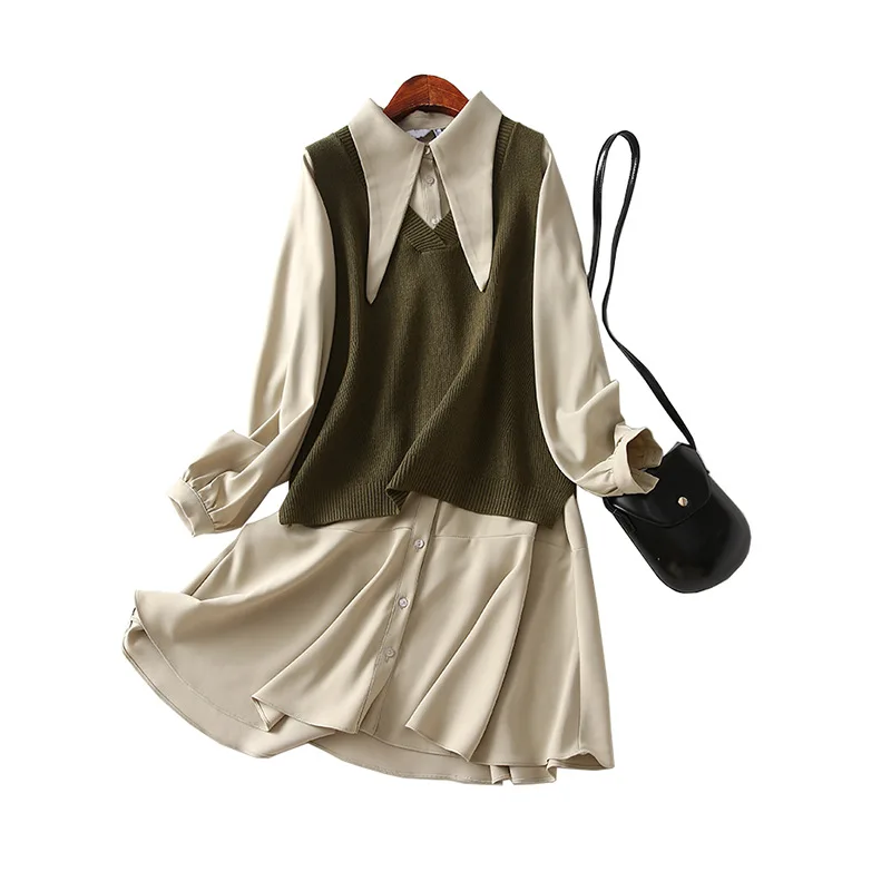 

A Generation of Solid Color xiao jian ling Dress V-neck Knitted Vest Two-Piece Women's Entity