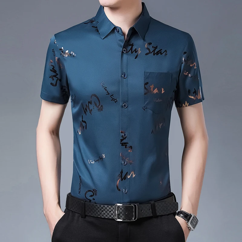 Camisa informal de manga corta para hombre, Camisa Masculina de alta calidad con estampado de seda, ajustada, C749