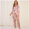 SHEIN розовый кран и лист печати Атласный пижамный комплект Женский Осенний Повседневный короткий рукав белье с карманом длинные штаны пижамные наборы