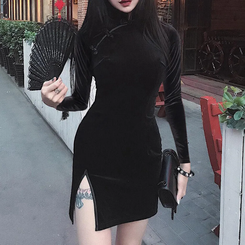 Grunge Punk Womens Dress Harajuku Button Pleated Autumn 2020 Dark Black Gothic Female Dresses Long Sleeve Vintage Tunic | Женская одежда