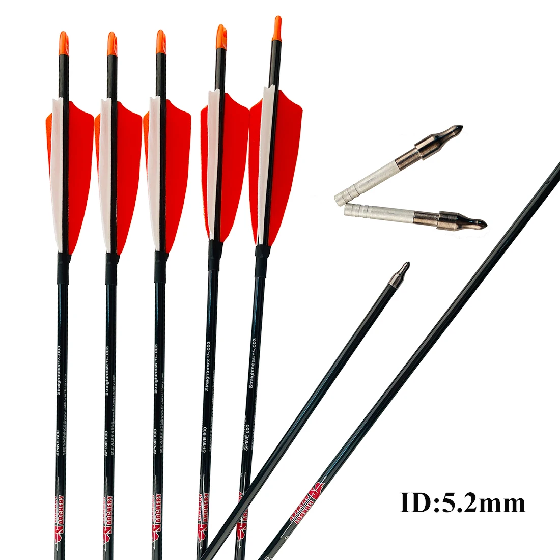 6pcs Archery Carbon Arrows Id5.2mm Spine250 300 350 400 500 600 30