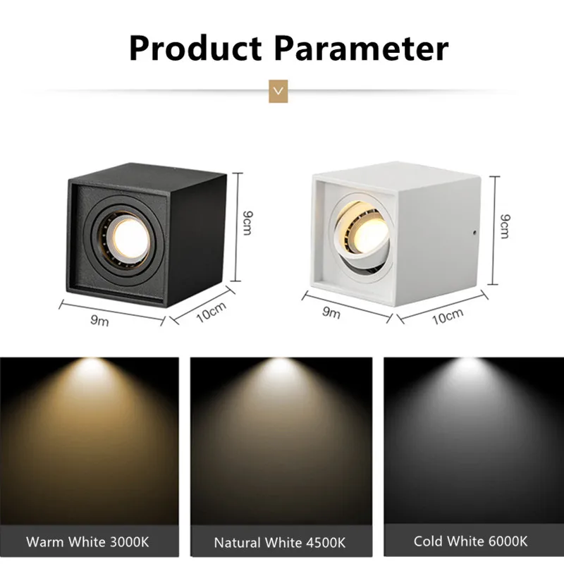 9W Indoor White Black Square Angle Adjustme Grille Lights Mall Clothing Store SpotlightAluminium Modern Lighting Fixture 85-265V