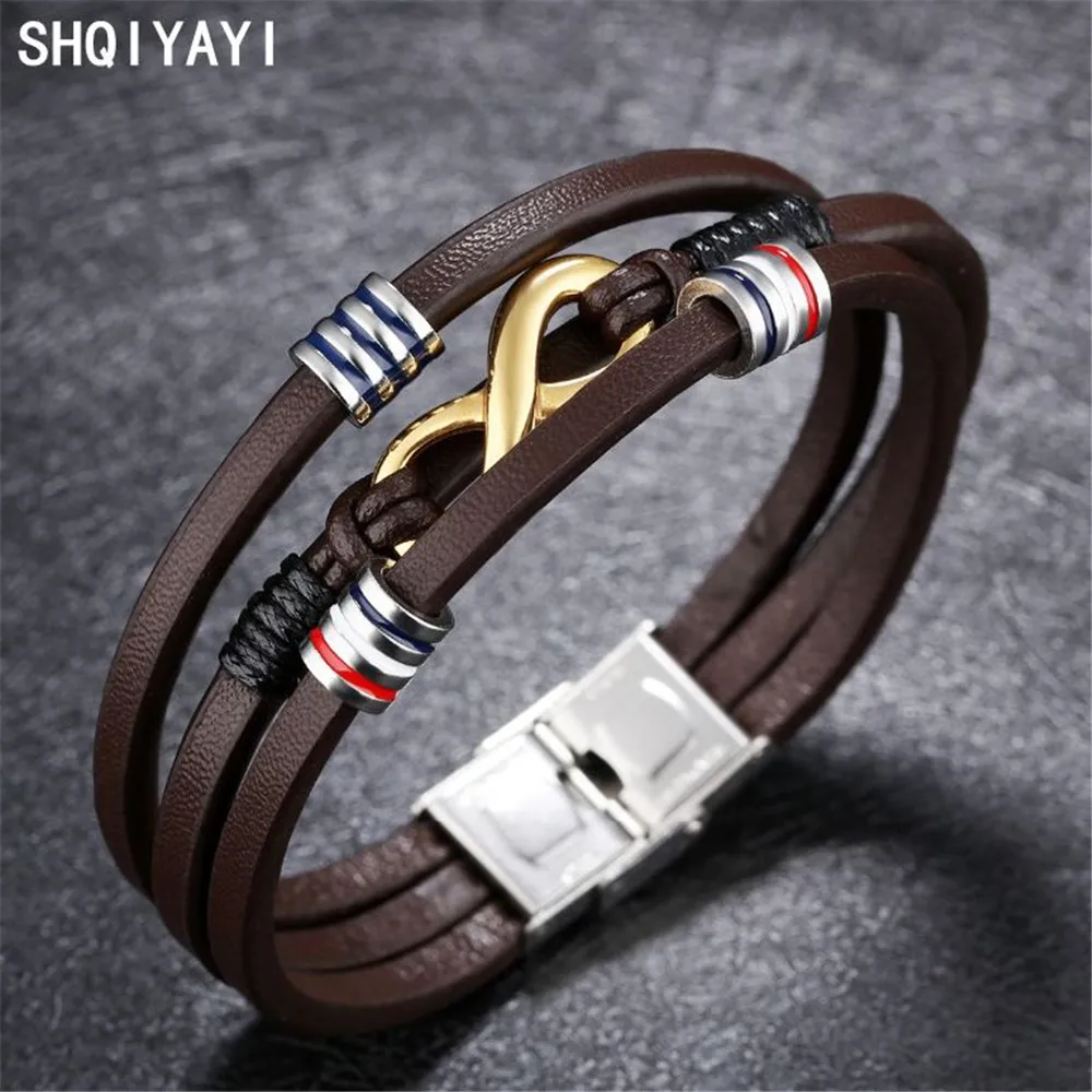 SHQIYAYI коричневый кожаный браслет для мужчин из нержавеющей стали воловьей кожи наручные браслеты мужские аксессуары в стиле панк 1217