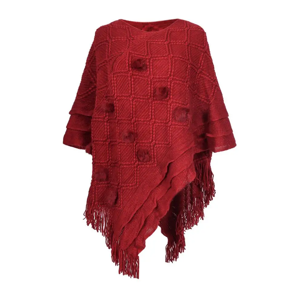 

Winter Cloak Women Knitted Solid Capes Shawl Cashmere Tassel Hairball Coat Ponchos Mujer Invierno Elegantes Cape Poncho Women