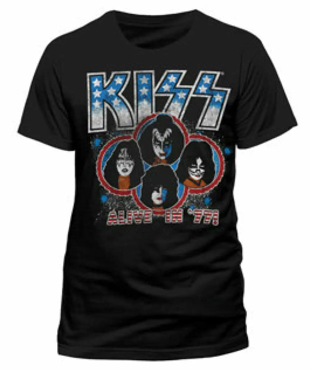KISS - Alive In 77 &amp Tour Dates Backprint Men's Black T-Shirt | Мужская одежда