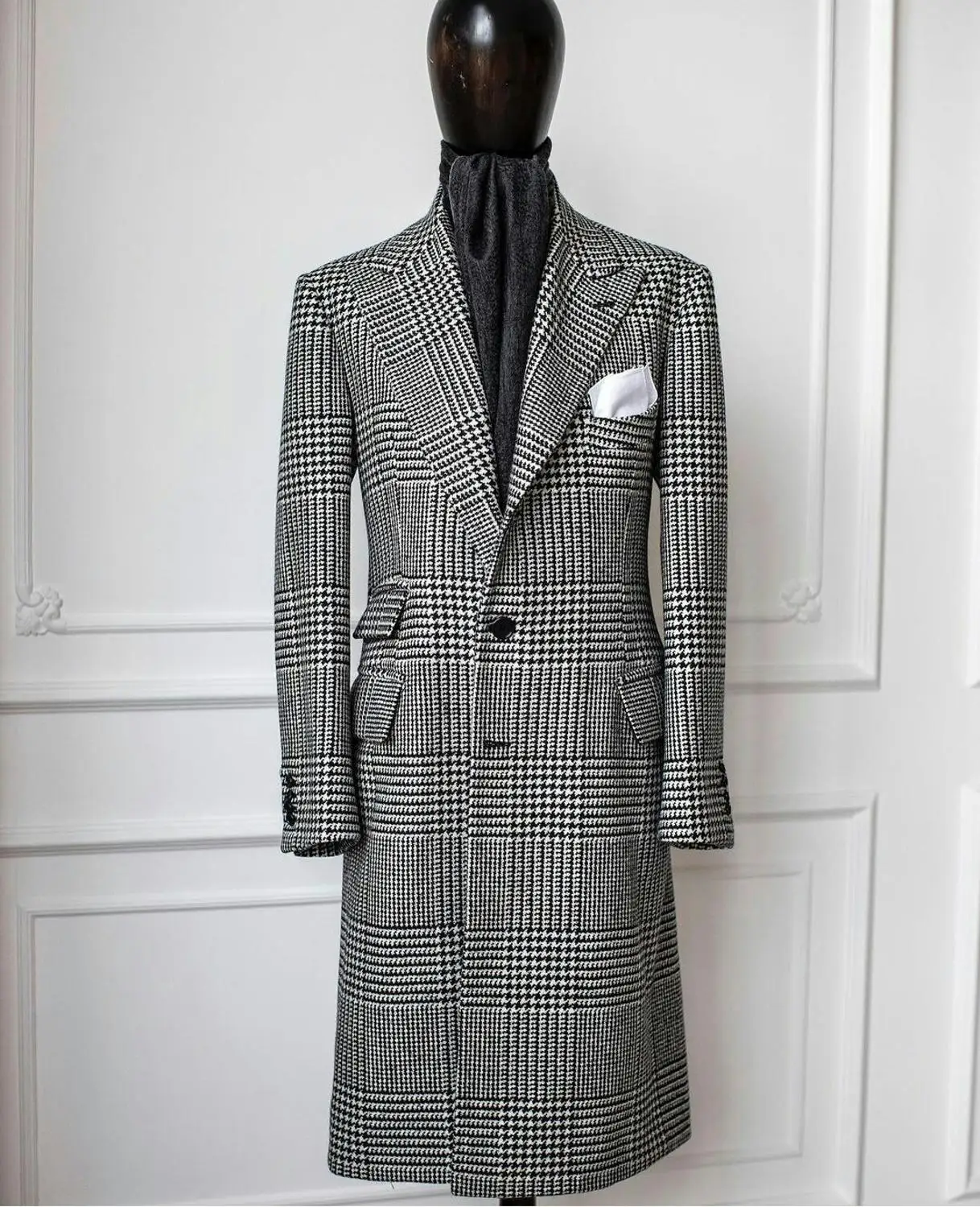 

Houndstooth Mens Fall Long Overcoat New Casual Woolen Coat Wedding Tuxedos One Pieces Costume Homme Mariage Peaky Blinders