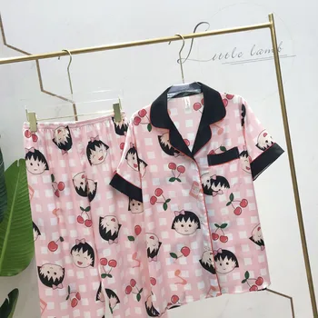 

Fiklyc Summer Ice silk Pajamas Women's Thin Short-Sleeved Trousers Suit Cartoon Printing Home Clothes Fashion Cute