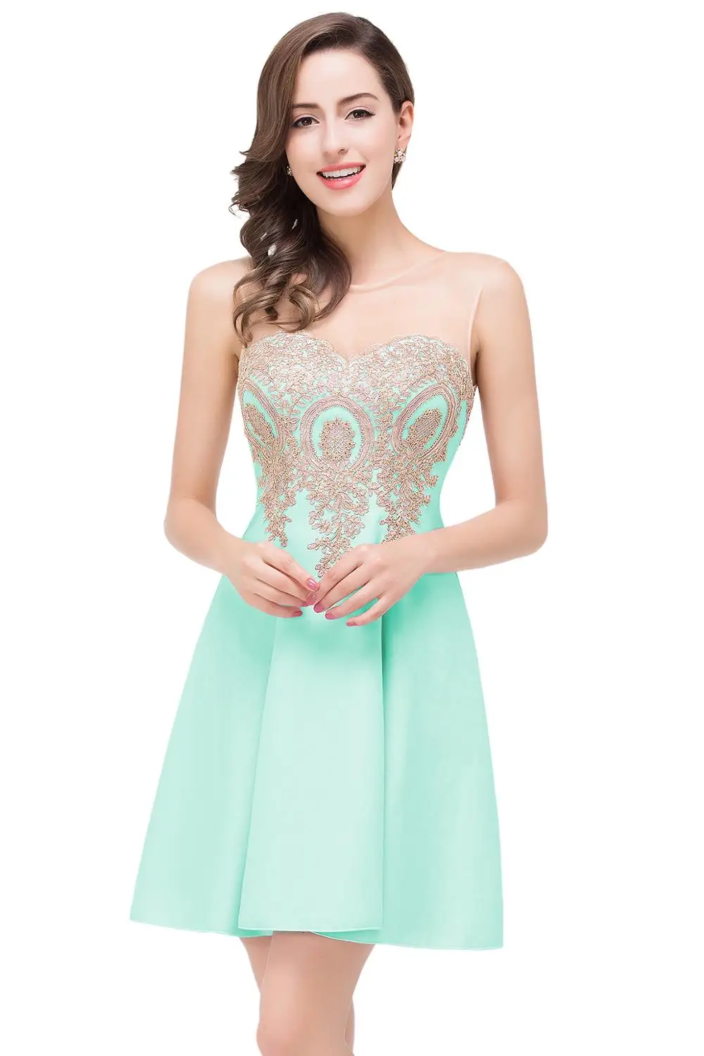 Robe de soiree вечернее платье элегантное ТРАПЕЦИЕВИДНОЕ короткое официальное вечернее платье без рукавов вечернее платье Аппликация Быстрая - Цвет: Mint Green