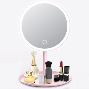 

LED Desktop Makeup Mirror Desk Standing Makeup Mirror Rechargeable Makeup Mirror (USB Charging Three Color Light Pink)