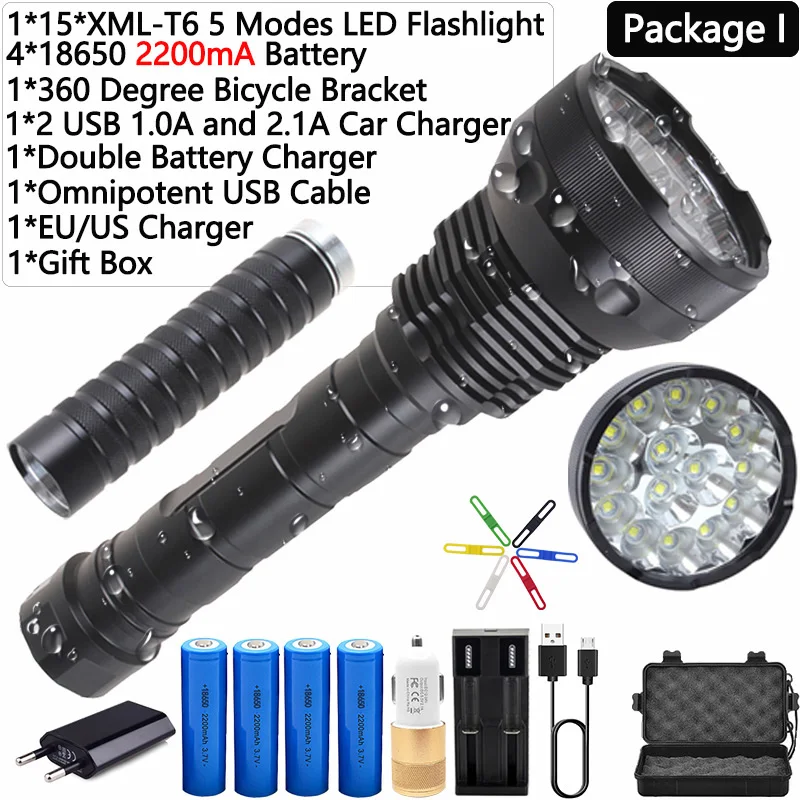 Package I Мощный светодиодный фонарик с батареей 8800mA, высокая мощность, 15 x XM-T6, XHP70.2, 5 режимов, Электрический дисплей, фонарь, водонепроницаемый - Испускаемый цвет: Package I