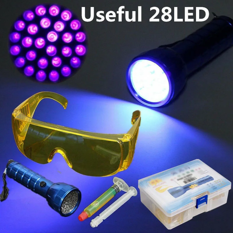 28-светодиодный детектор утечки жидкого газа, УФ-черный светильник, защитные очки, набор для обнаружения, ударные водостойкие диагностические инструменты