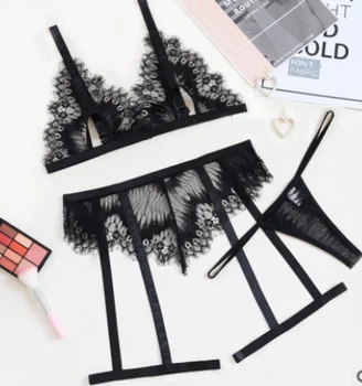 

2020 summer women's sexy underwear set see-through mesh deep V three-point suit lace suspenders fashion hot sale