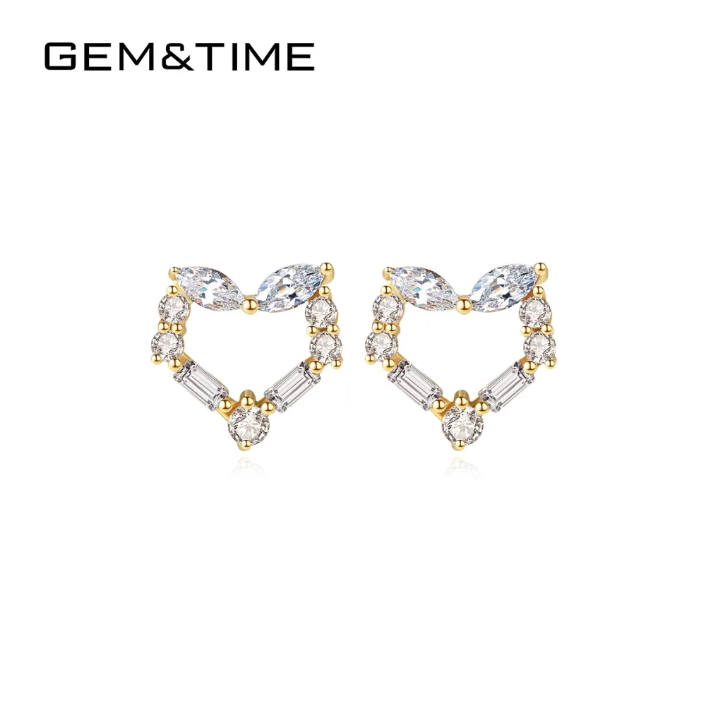 Gem& Time Love Heart, настоящее ТВЕРДОЕ ЗОЛОТО 14 к, серьги-гвоздики для женщин, для свадьбы, помолвки, хорошее ювелирное изделие из желтого золота AU585 Brincos E14116