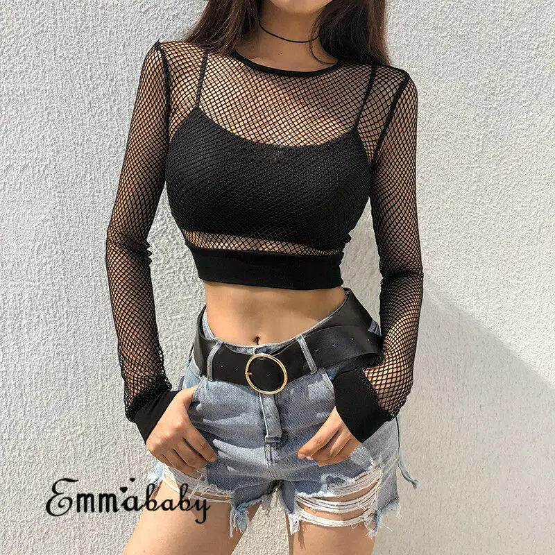 

Summer Women Sexy Mesh Sheer Solid Crop Top Girls Fashion Long Sleeve Transparent Short T-Shirt Tee Tops High Street T-shirt