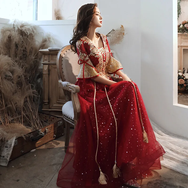 Qipao Cheongsam-Robe de soirée sexy brodée à paillettes, manches évasées, robe de Rhluxueuse, mariage chinois