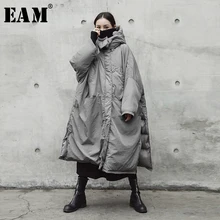 [Eam] casaco com capuz acolchoado de algodão cinza, grande, longo, quente, manga comprida, solto, feminino, parcas, moda primavera outono 2021, je02002