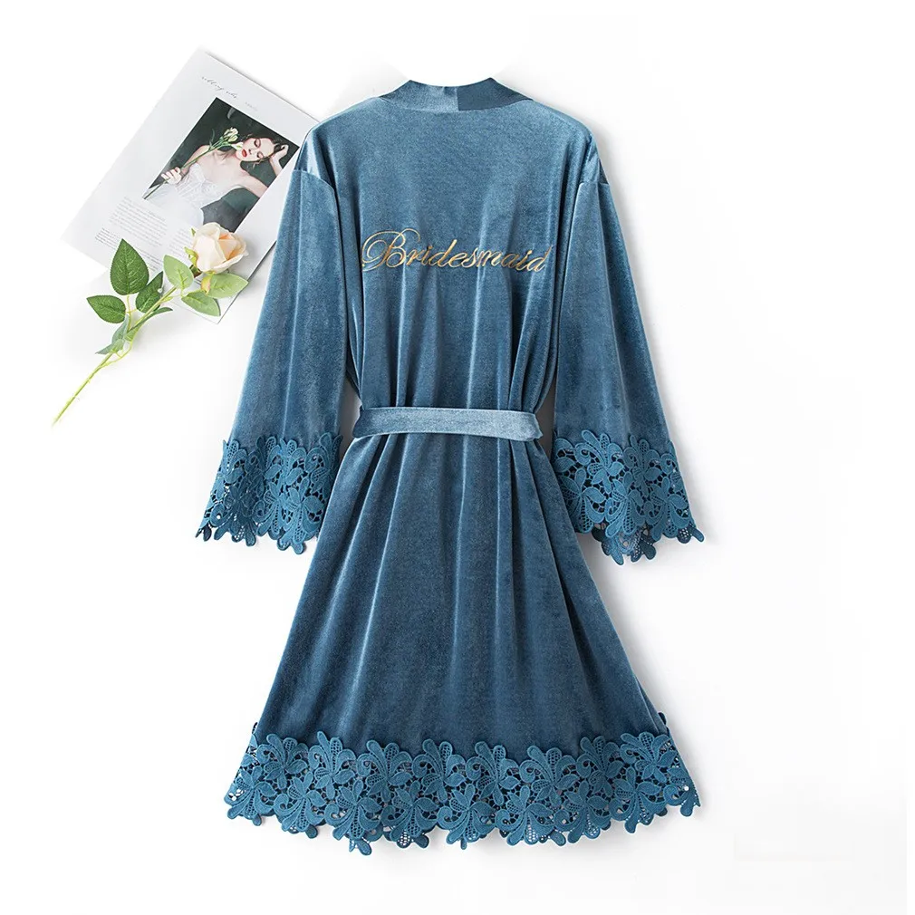 Embroidery Velour Lace Kimono Bathrobe Gown Letter Bride Bridesmaid Wedding Robe Sexy Sleepwear Intimate Lingerie Nightwear