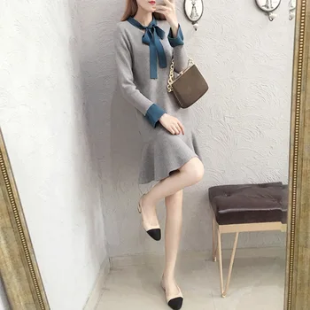 

2019 Women's Knitted Long Sleeve Loose A-line Skirt Temperament Backing Cross-border Autumn/Winter Dress