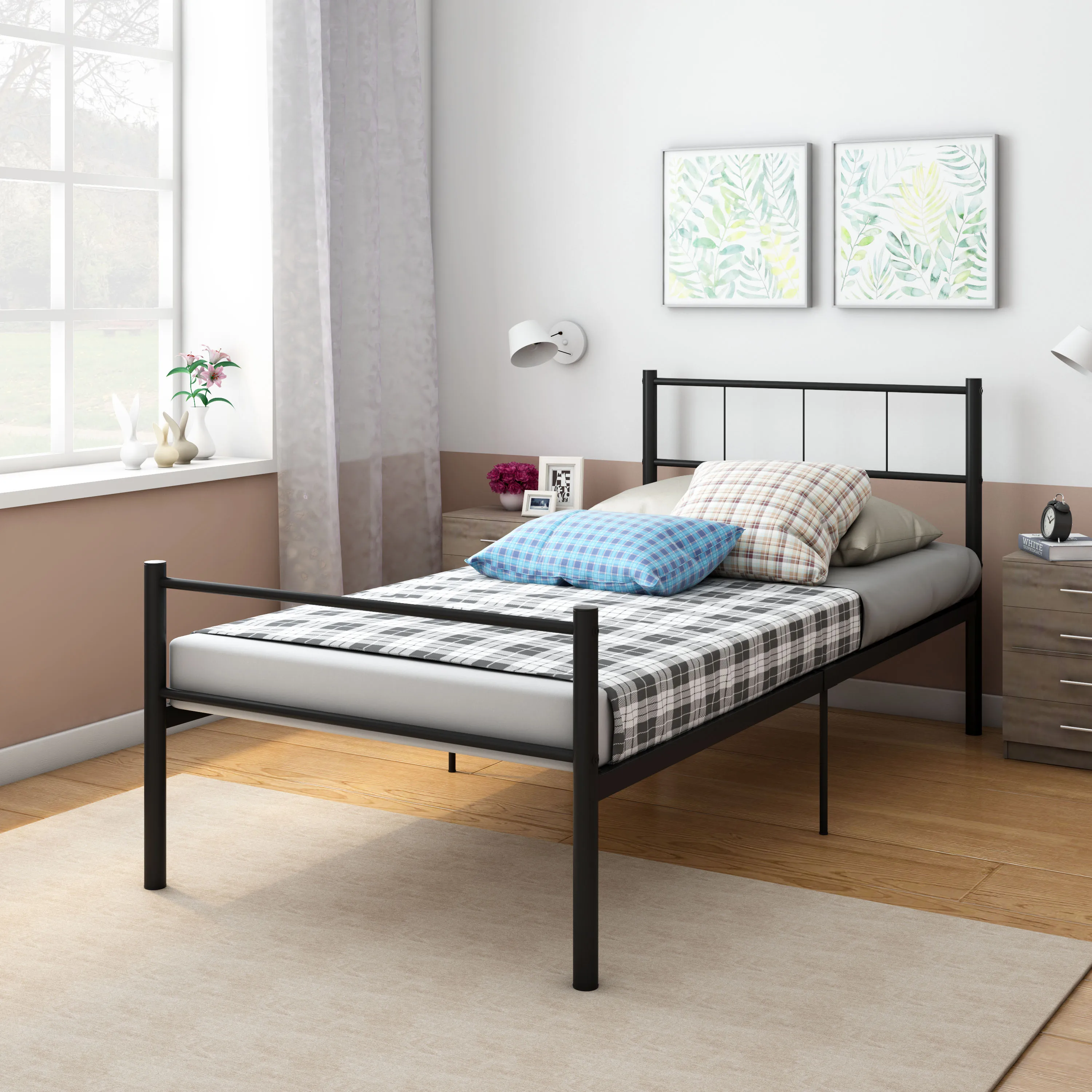 

3FT Single Bed Metal Bed Frame Bedroom Furnitures Mattress Foundation Bed Base for Kids Teens Adults-Black/Silver/White-UK STOCK
