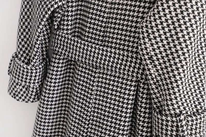 ZA Autumn Winter Houndstooth Trench Coat Adjustable Waist Plaid Coat Loose Warm Wool Blends Cardigan Outerwear Wholesale