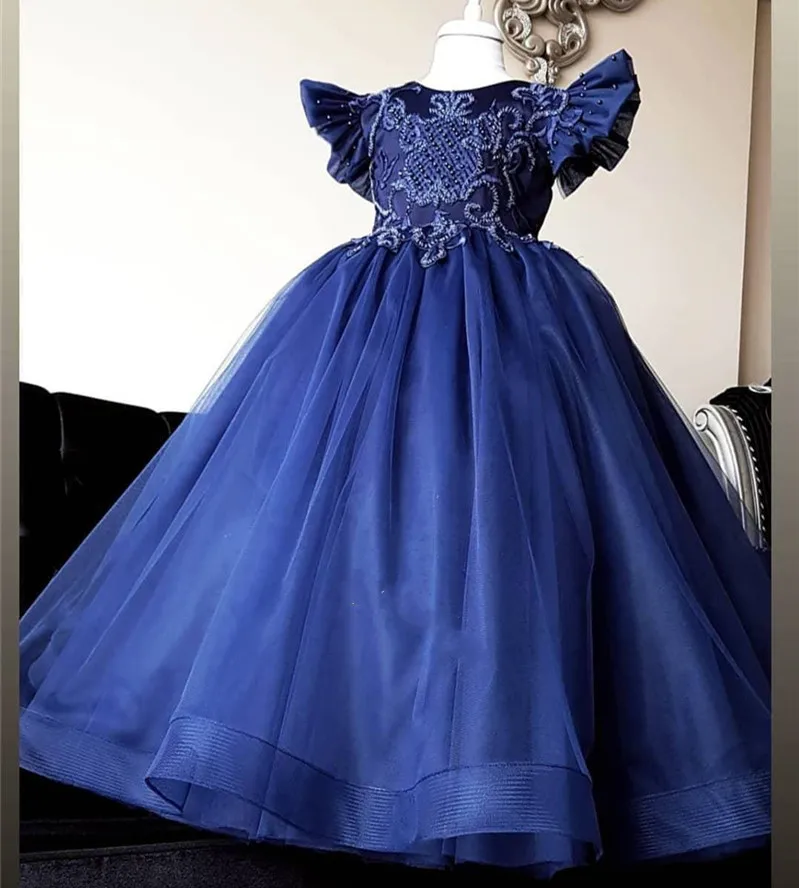 

New Customized Baby Girls Dresses Pearls Lace Backless Cap Sleeves Kids Clothes Infant Girls Birthday Dress Party Baptism Gown
