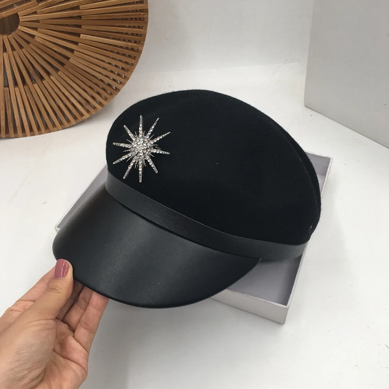 British retro octagonal cap female drill sun black cap wool beret caption ladies wild navy cap ins tide