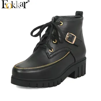 

Eokkar 2020 Retro Lace Up Black Ankle Boots Thick Heels Platform Round Toe PU Leather Winter Boots Med Heels Boots Size 34-43