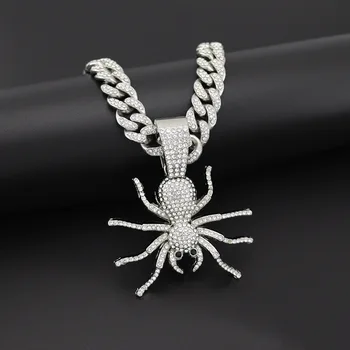 

Hip Hop Iced Out Full Rhinestone Spider Chain Pendant Necklace Silver Color Punk Rhinestones Cuban Link Chain Necklaces Men Gift