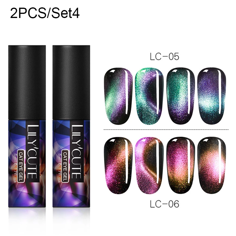 2 PCS 9D LILYCUTE, 5 мл, 9D, Auroras, магнитный гель кошачий глаз, набор, долговечный Блестящий лазер для ногтей, художественный Гель-лак для ногтей, впитывающий УФ-Гель-лак - Цвет: 2 PCS 9D