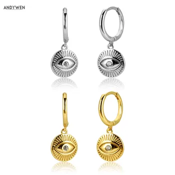 

ANDYWEN 925 Sterling Silver Gold Coins Eyes Zircon CZ Round Drop Earring 2020 New Rock Punk Luck Eye Piercing Pendiente Jewelry