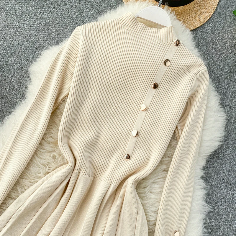 YuooMuoo хорошее качество удобные кнопки дизайн Осень Зима Женское платье Теплый стоячий воротник вязаный свитер платье Линия короткое платье