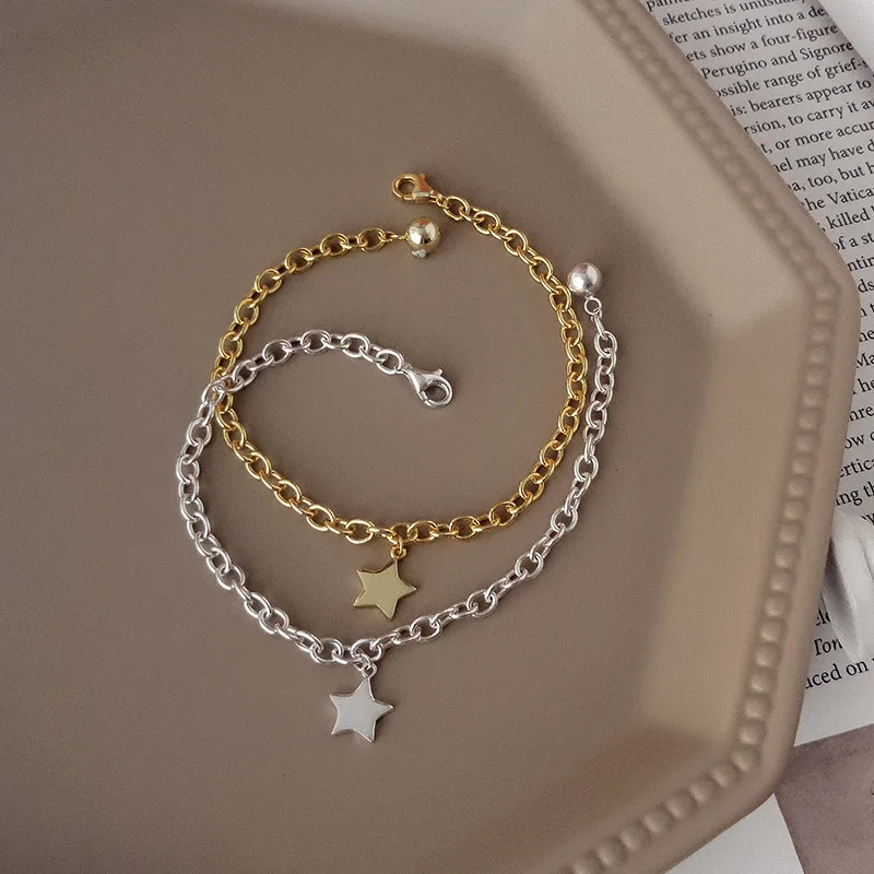 Настоящее серебро 925 пробы, браслеты для женщин,, звезда, цепочка, золотистый браслет для женщин, 925, серебряные ювелирные изделия, pulsera plata de ley 925