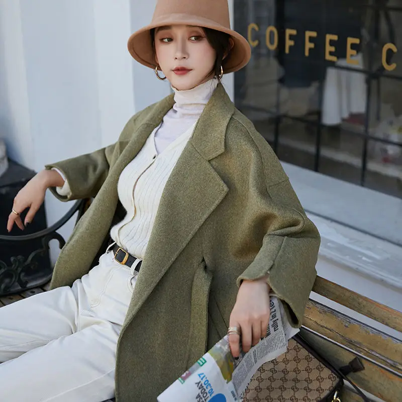 

100% woolen lamb fur coat female autumn and winter 2020 new double face cashmere long section loose lapel thick woolen coat