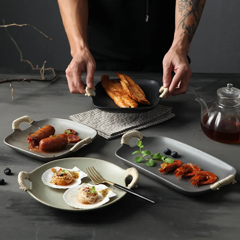 FANTERCY Cuisine Fruit Plate Sushi Plate Binaural Twine Various Shapes Ceramic Plate Matte Color Glaze Creative Baking Tray