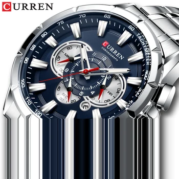 

CURREN New Causal Sport Chronograph Men's Watch Stainless Steel Band Wristwatch Big Dial Quartz Watches with Luminous Pointers
