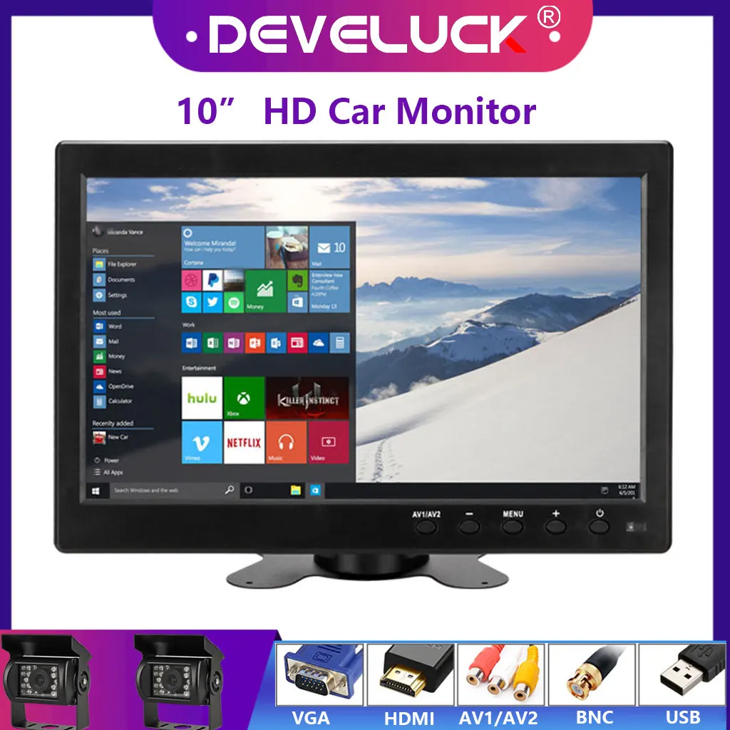 

10 inch Car Monitor IPS Display with VGA HDMI USB interface Cameras Reverse Image Flip 2 Channel Security Monitor Paking System