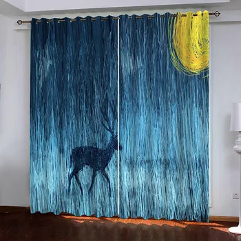 

Painting Elk Dusk Tree 2 Panels/Set Window Curtain Block out Fabric Drapes Darkening Thermal Insulate Bedroom Living room