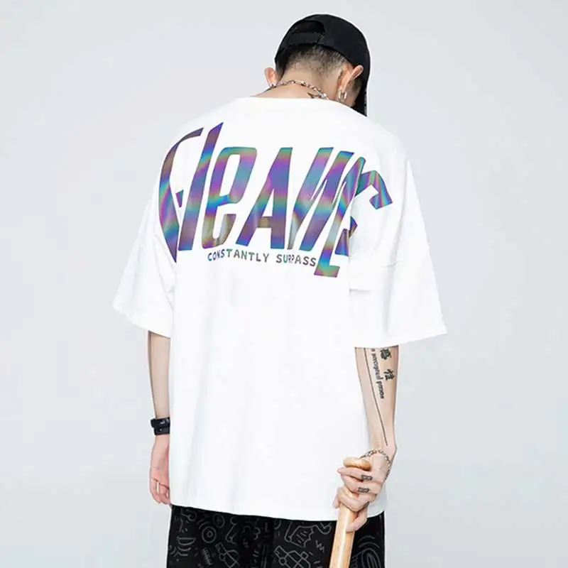 

Футболка мужская Светоотражающая Радужная, хлопковая Повседневная рубашка в стиле хип-хоп, с принтом букв и блесток, уличная одежда с коротким рукавом