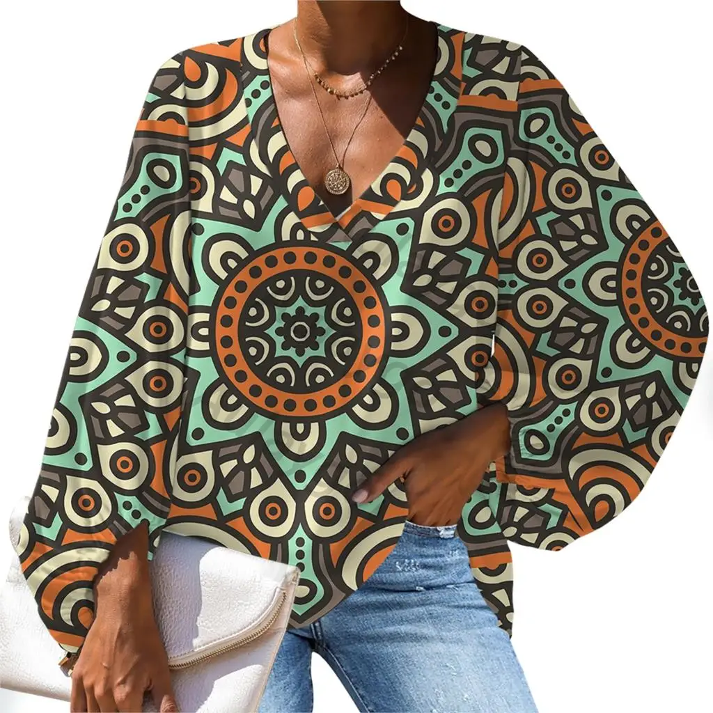 

Aulaygo Mandala Nation Printing V-neck Blouse Shirt Lady Office Long Sleeve Breath Tops Casual Women Plus Size Shirts Blusas