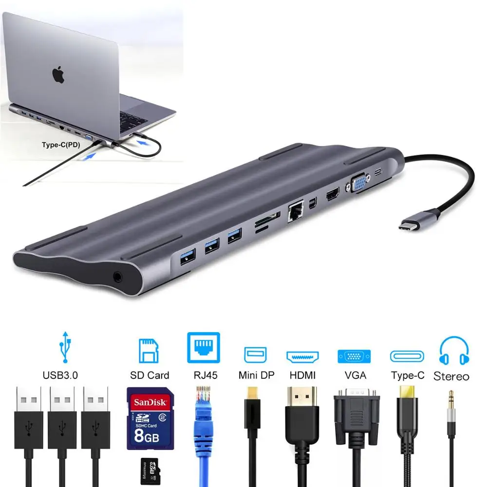  11 in 1 Type C Docking Station Aluminum to HDMI mini DP SD/TF Card Reader RJ45 PD for Charger Audio