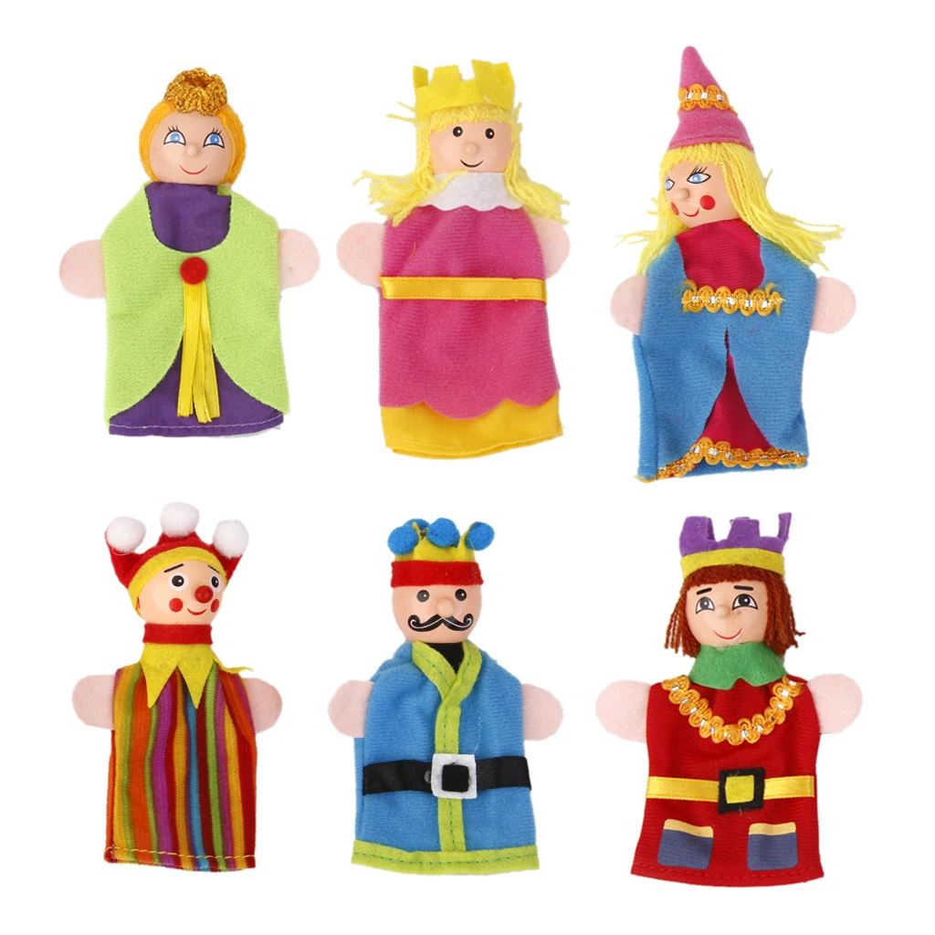 6pcs King & Queen Wooden Head Finger Puppets Children Kids Fairytale Toys