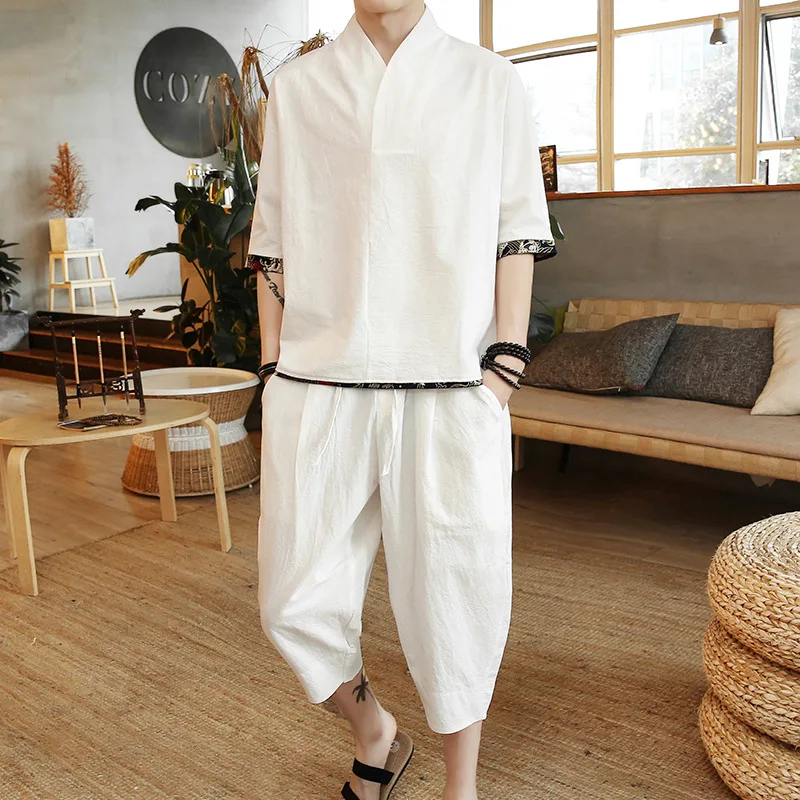 

Flax Short Sleeve MEN'S T-shirt Summer Chinese-style Loose-Fit Two-Piece Set Cotton Linen Casual Chinese Clothing Plus-sized Fat