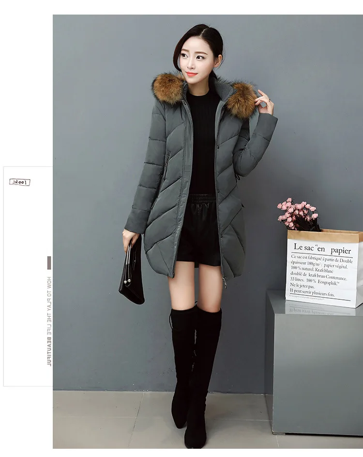 Зимняя новая стильная женская хлопковая стеганая одежда корейский стиль приталенный большой меховой воротник с капюшоном длинный рукав саржевый пуховик